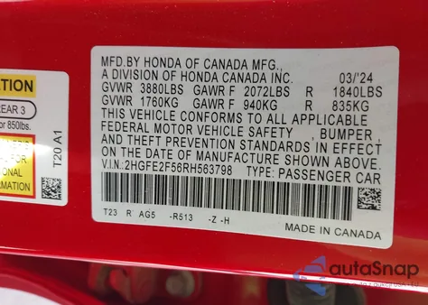 2024 Honda Civic Sport from USA, damaged, VIN 2HGFE2F56RH563798